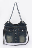Washed Denim Double Pockets Tote Bag - Pikemla
