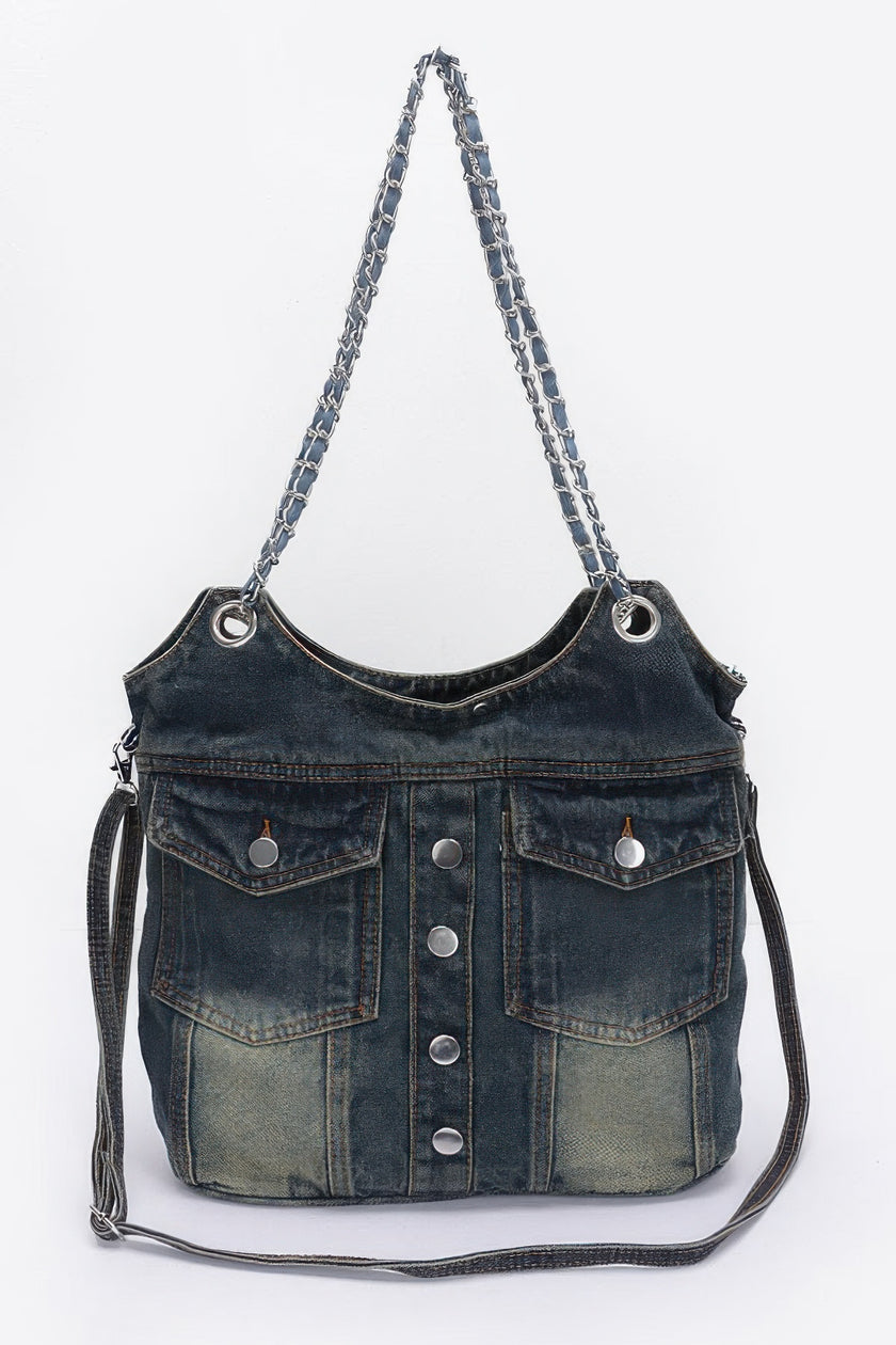 Washed Denim Double Pockets Tote Bag - Pikemla