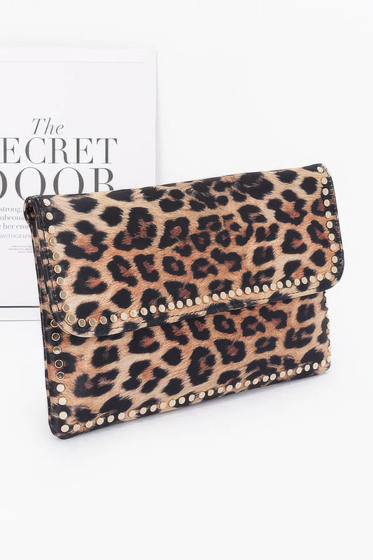 Nylon Leopard Metal Studded Clutch Bag - Pikemla