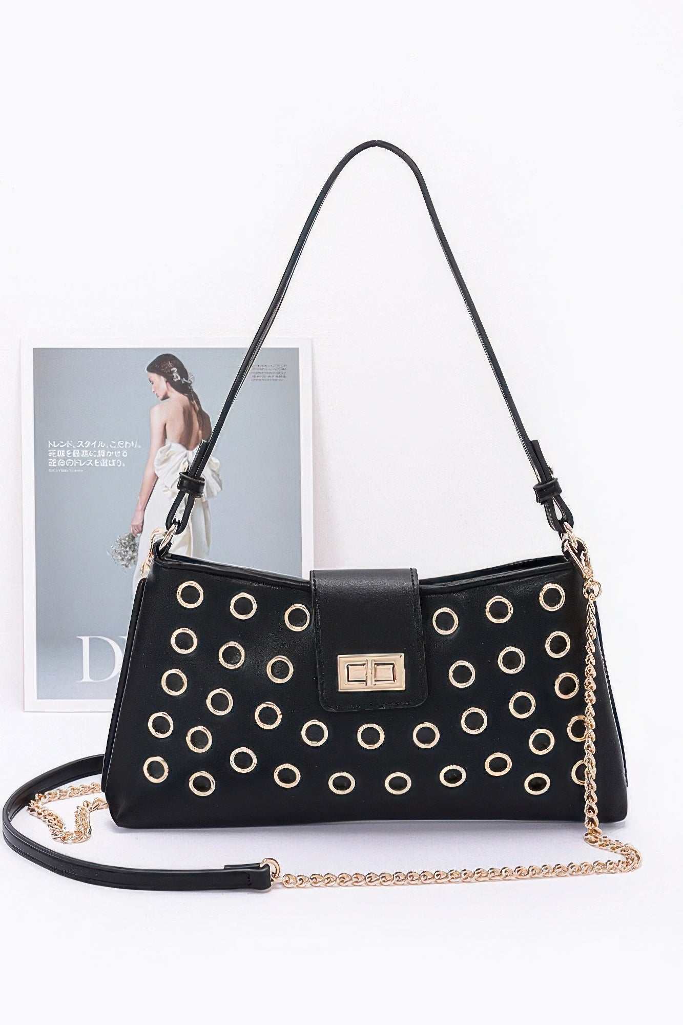 Faux Leather Eyelet Studded Shoulder Bag - Pikemla