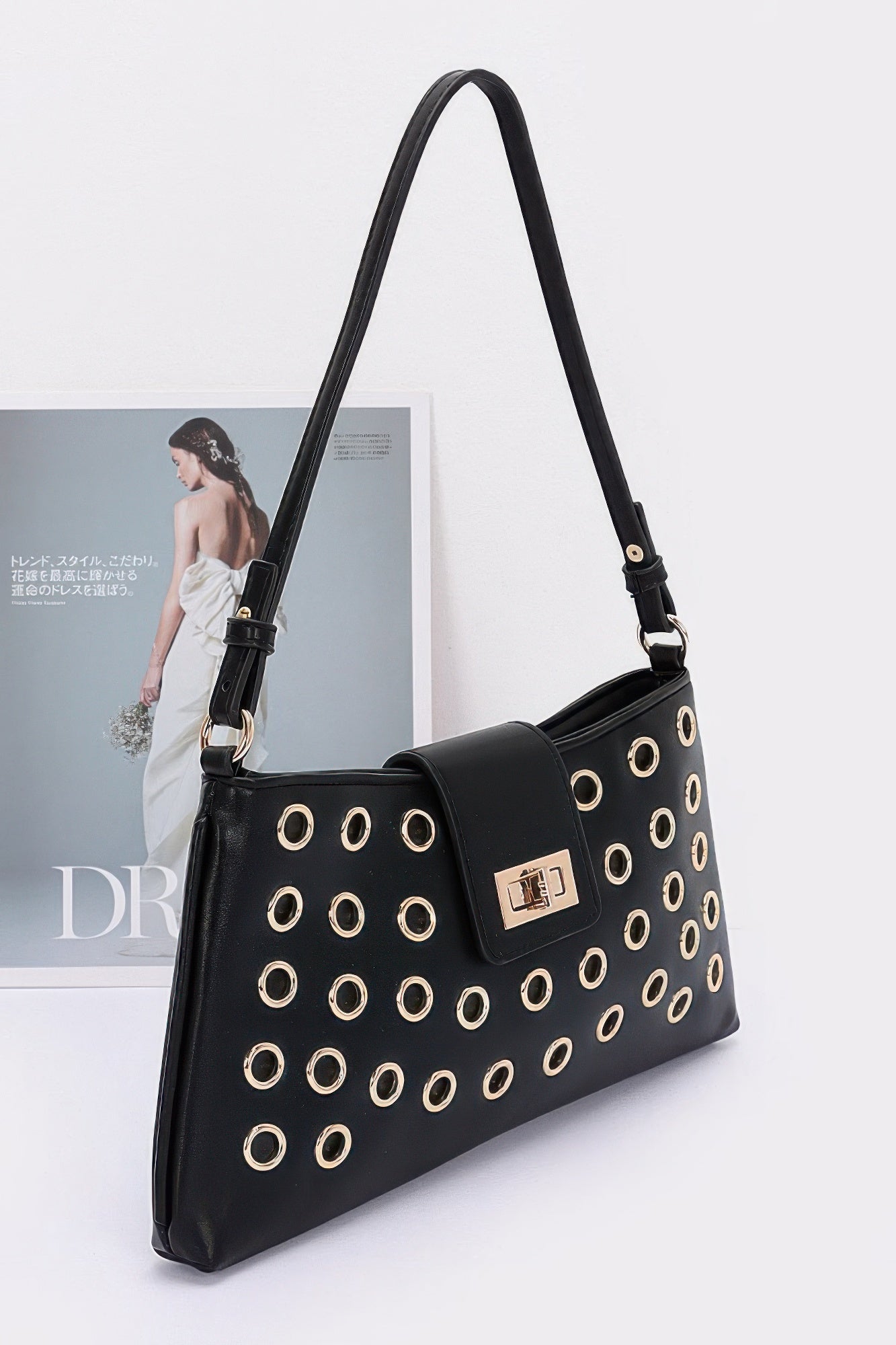 Faux Leather Eyelet Studded Shoulder Bag - Pikemla