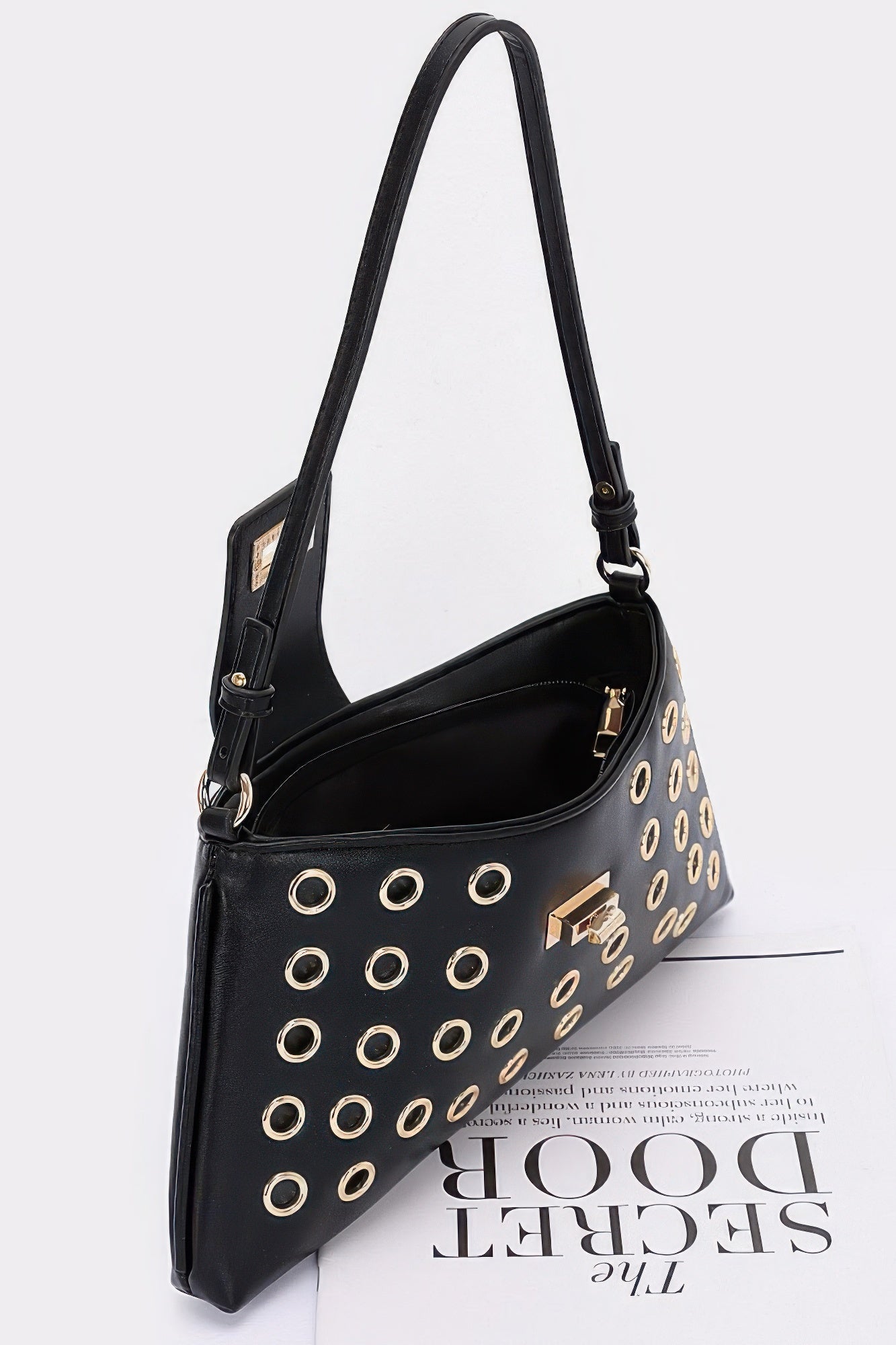 Faux Leather Eyelet Studded Shoulder Bag - Pikemla