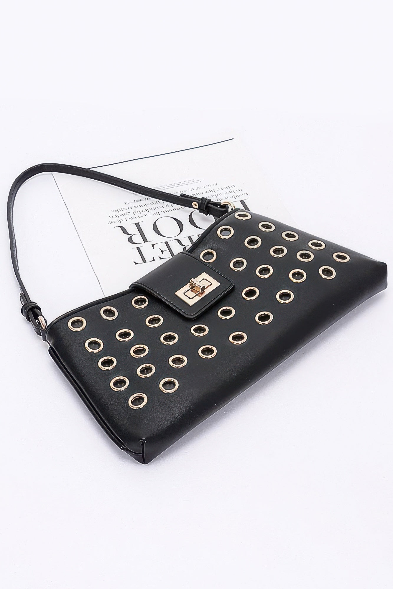 Faux Leather Eyelet Studded Shoulder Bag - Pikemla