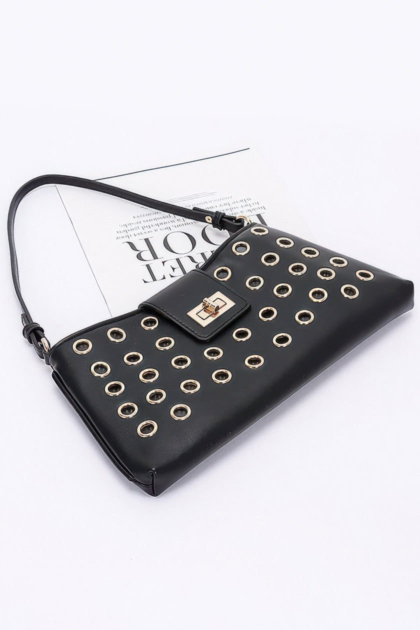 Faux Leather Eyelet Studded Shoulder Bag - Pikemla