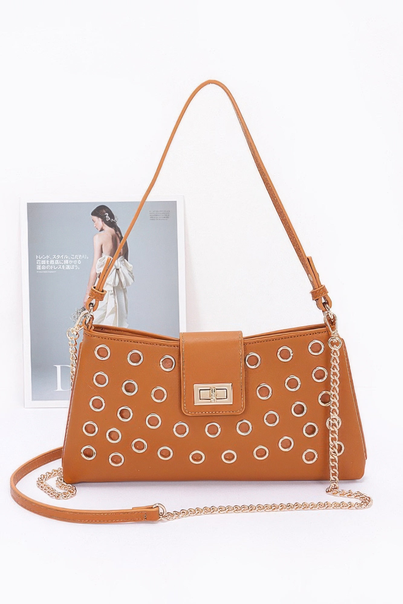 Faux Leather Eyelet Studded Shoulder Bag - Pikemla