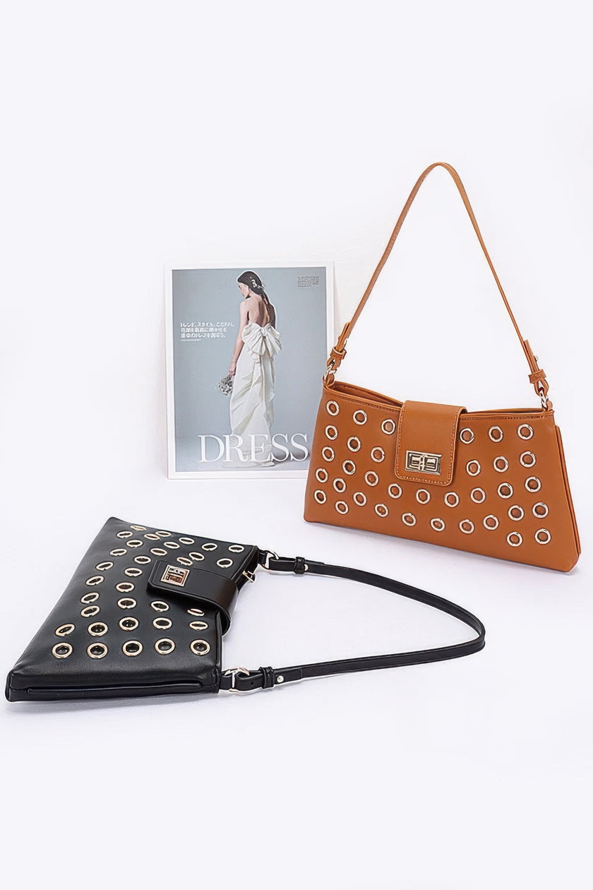Faux Leather Eyelet Studded Shoulder Bag - Pikemla