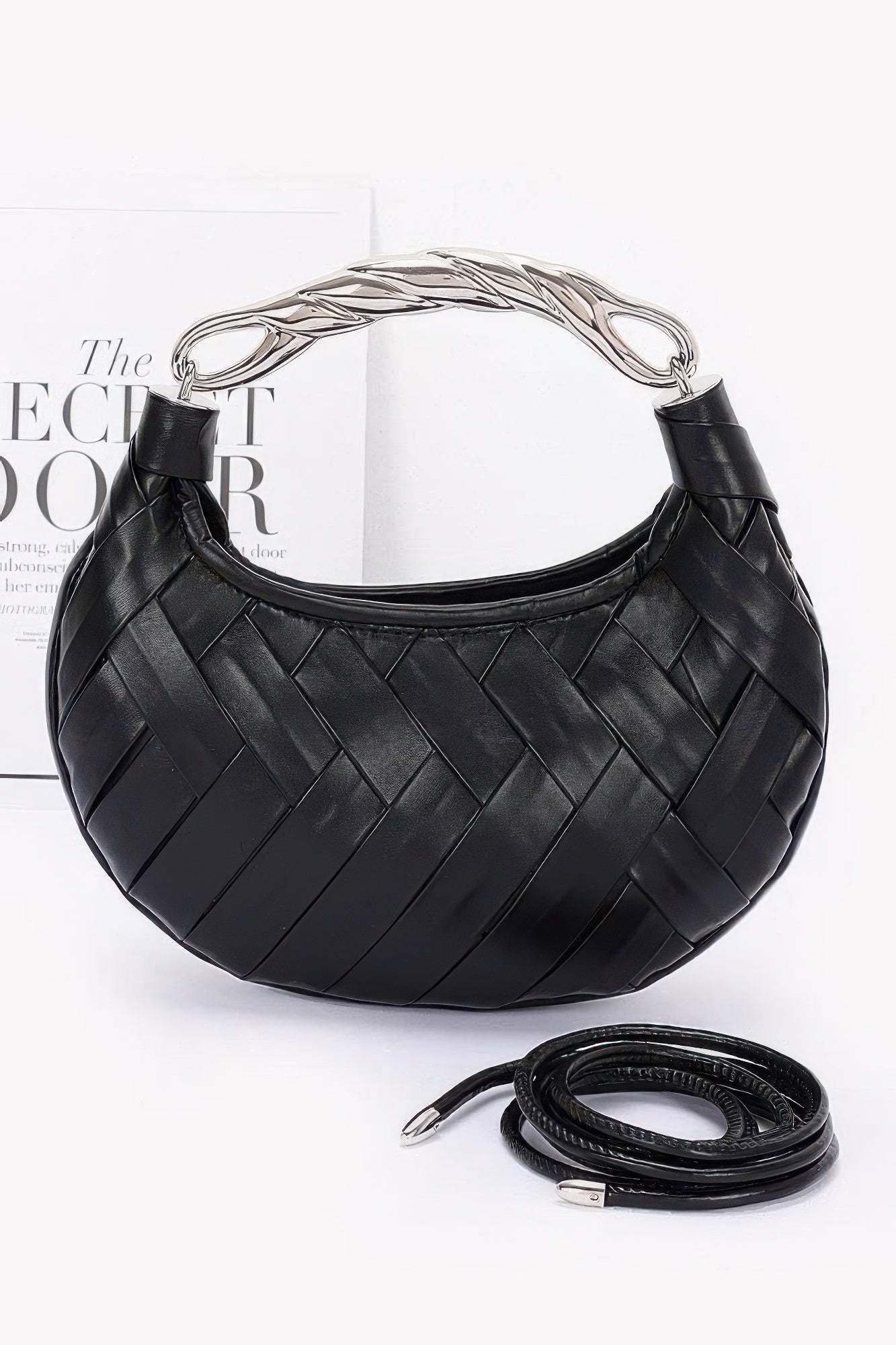 Faux Leather Braided Metal Handle Clutch - Pikemla