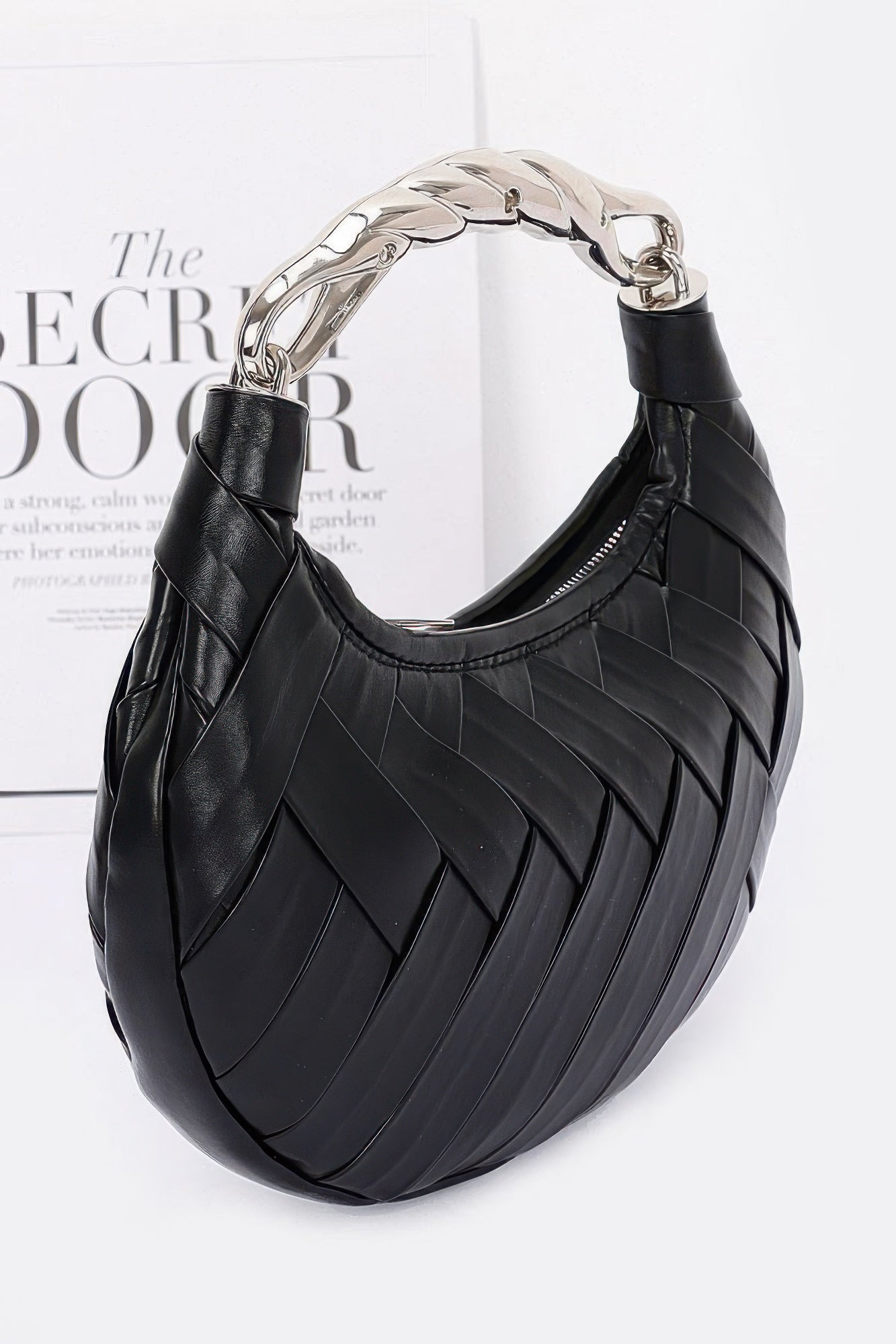 Faux Leather Braided Metal Handle Clutch - Pikemla