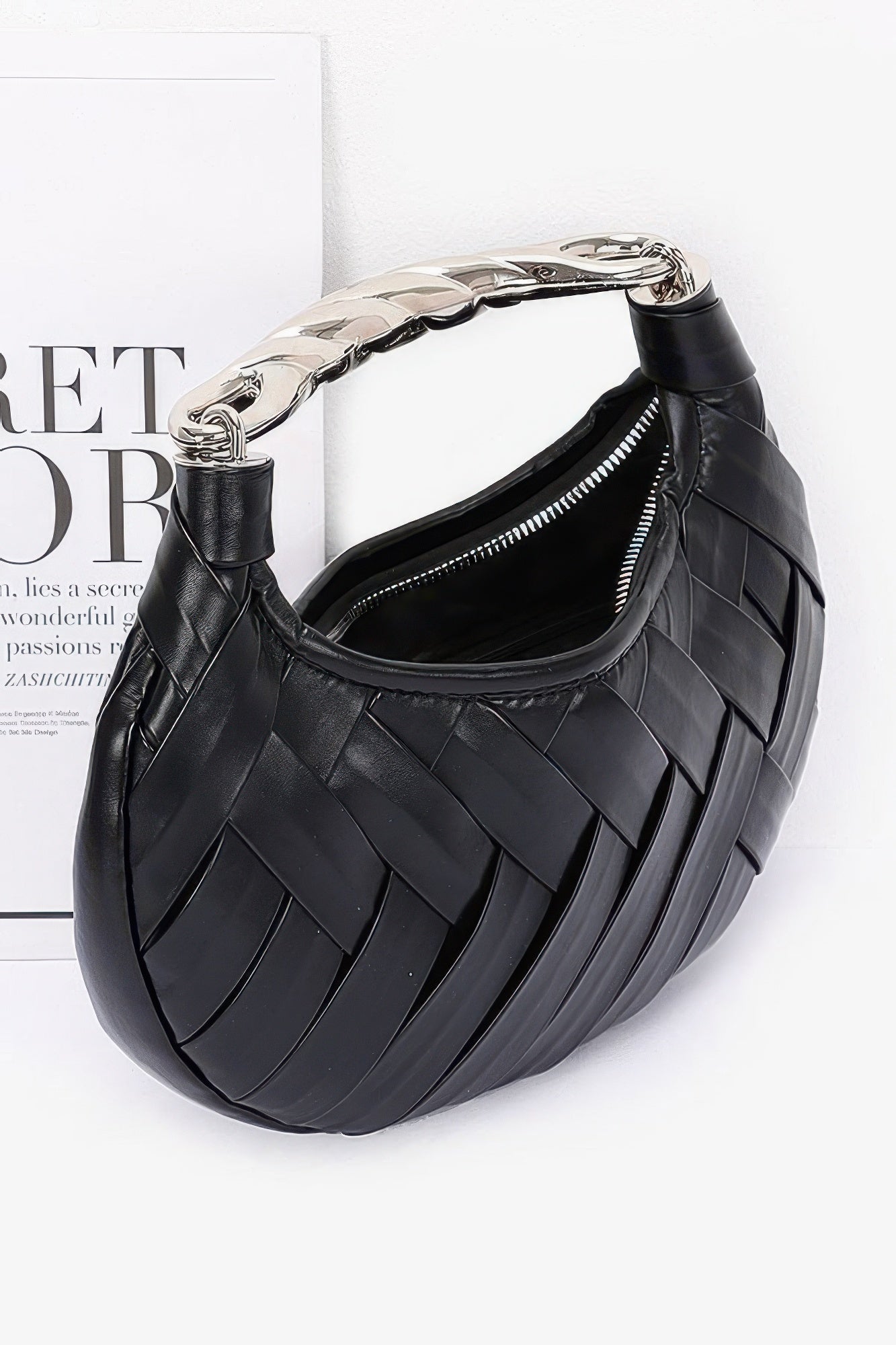 Faux Leather Braided Metal Handle Clutch - Pikemla