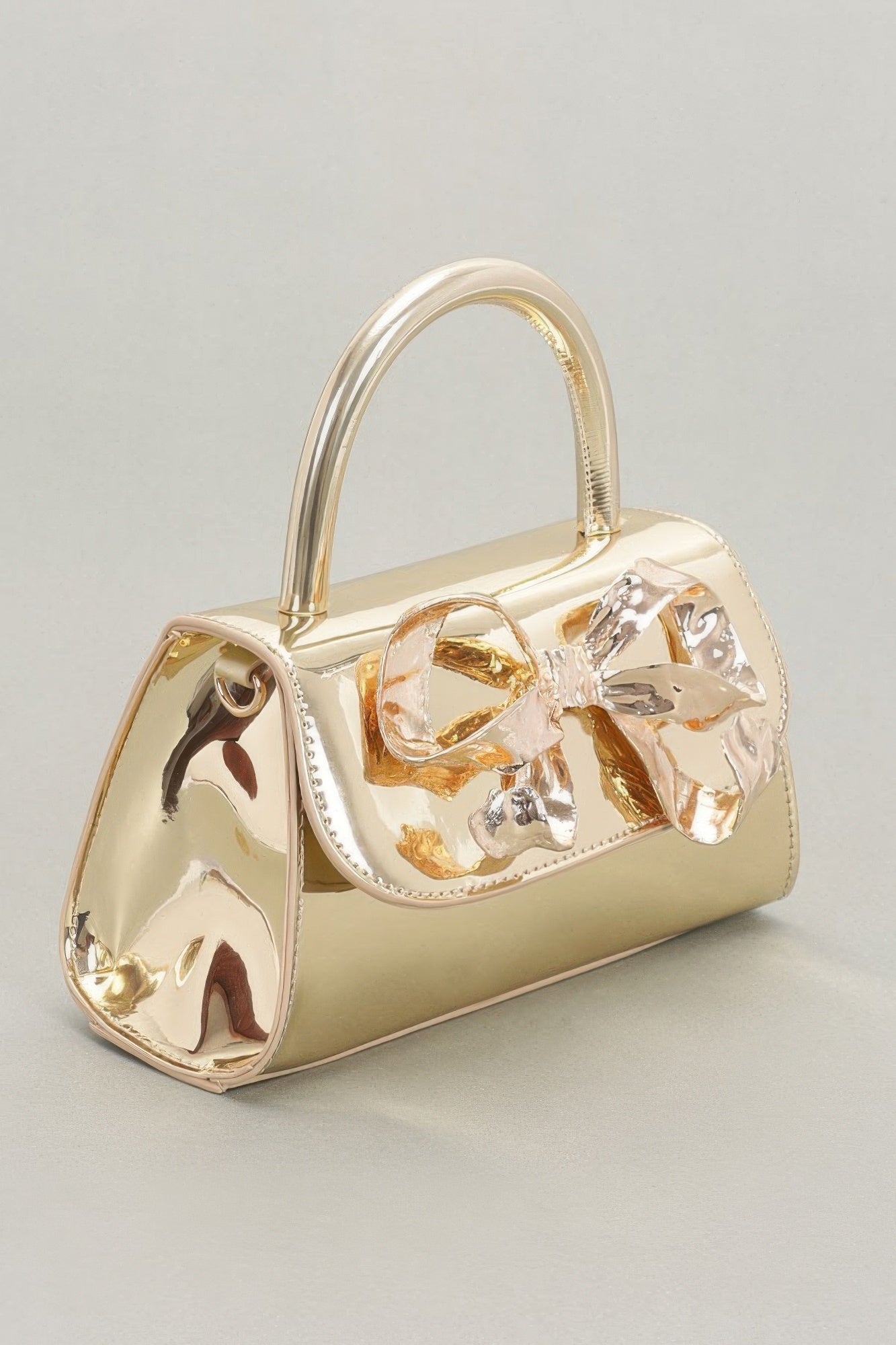 Faux Mirror Leather Ribbon Metal Top Handle Bag - Pikemla