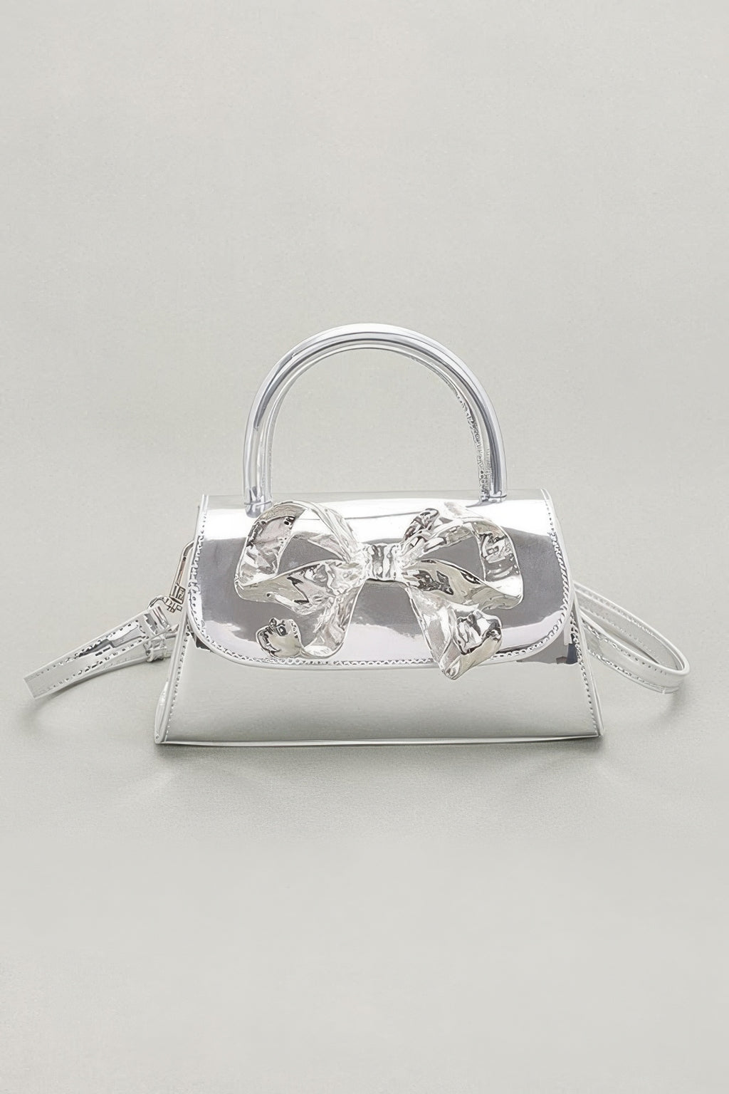 Faux Mirror Leather Ribbon Metal Top Handle Bag - Pikemla