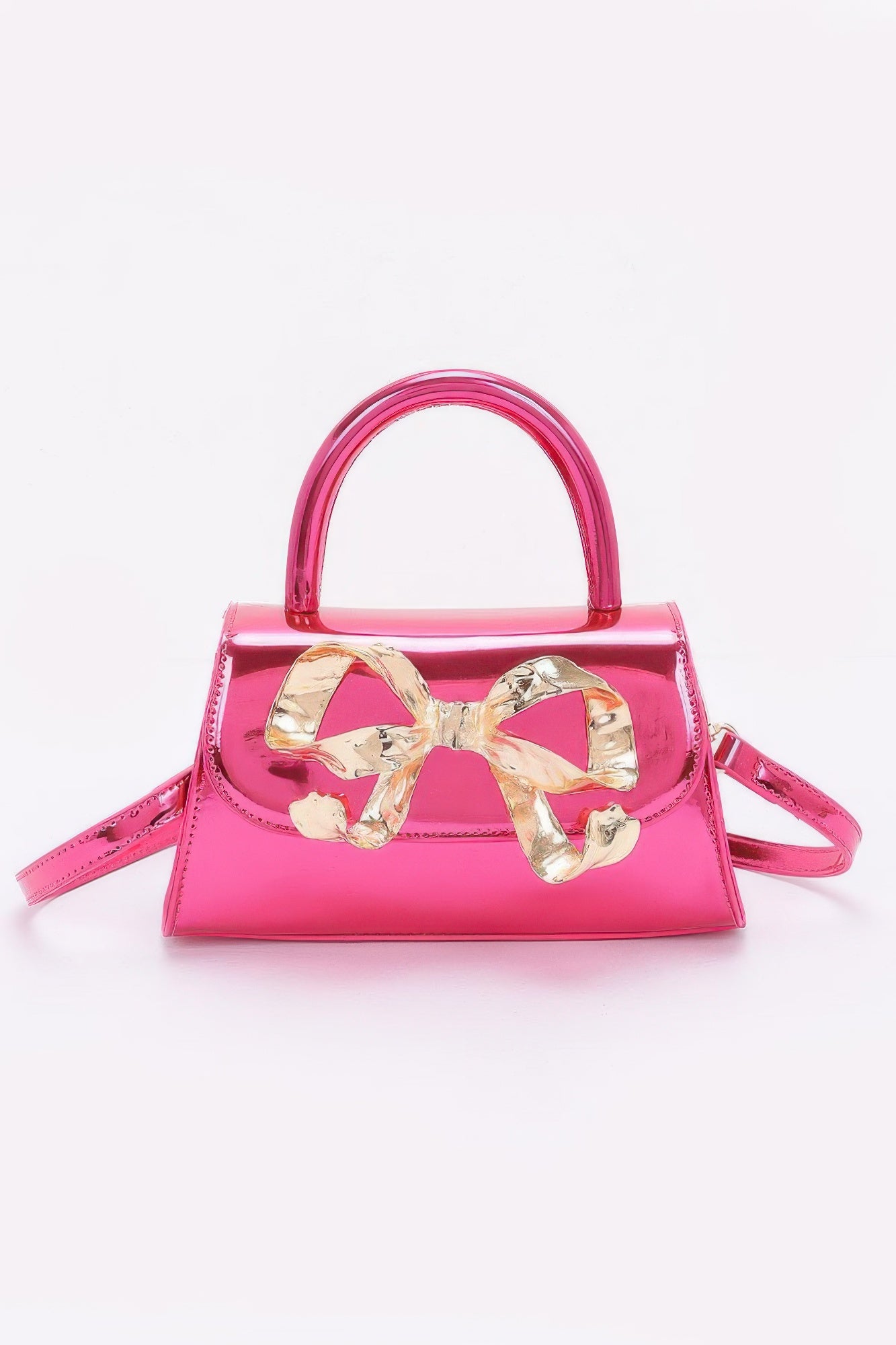 Faux Mirror Leather Ribbon Metal Top Handle Bag - Pikemla