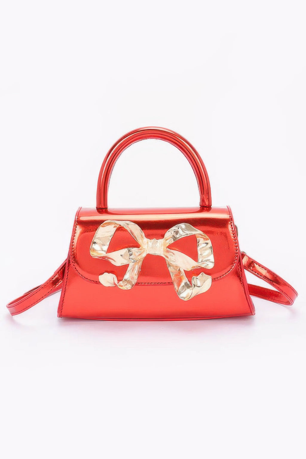 Faux Mirror Leather Ribbon Metal Top Handle Bag - Pikemla