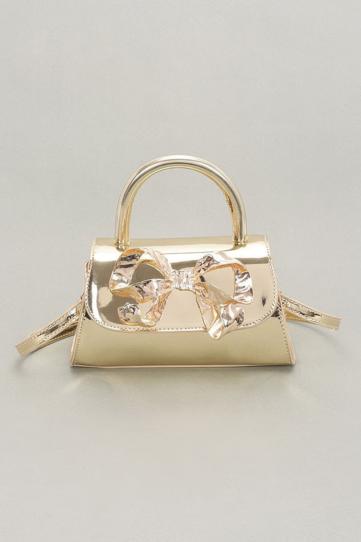 Faux Mirror Leather Ribbon Metal Top Handle Bag - Pikemla