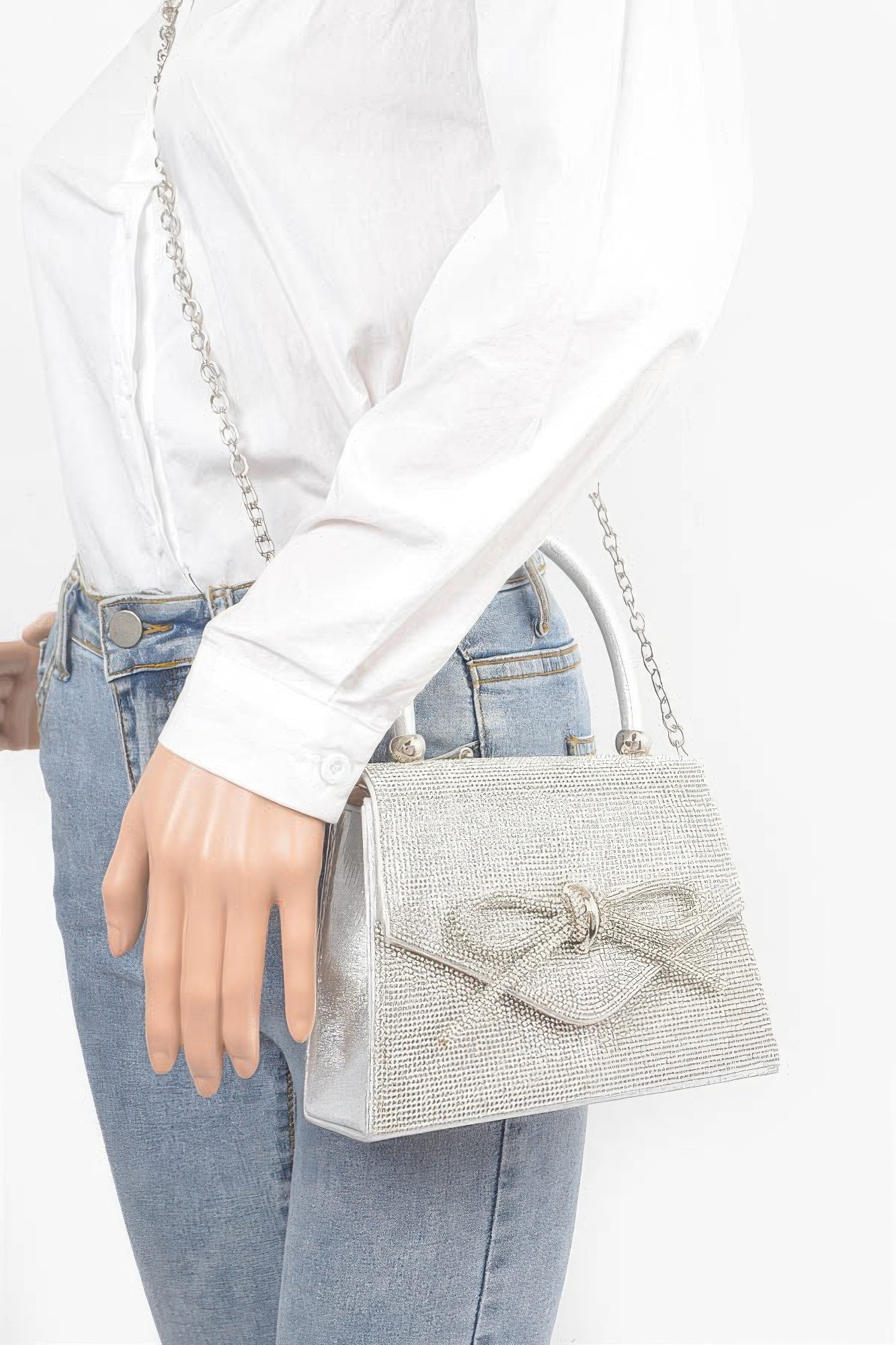 Rhinestone Ribbon Top Handle Bag - Pikemla