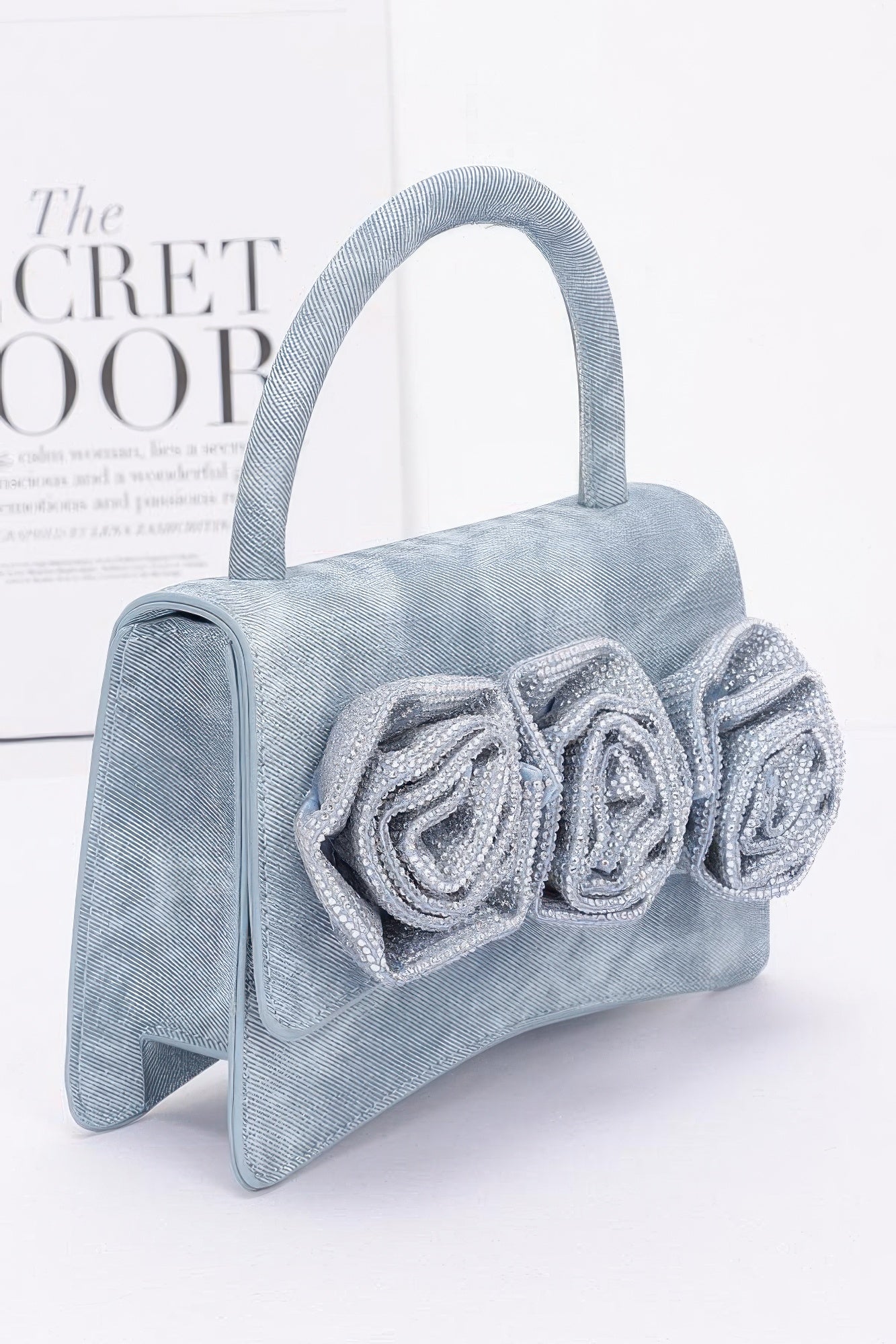 Faux Leather Rhinestone Hot Fix Flower Bag - Pikemla