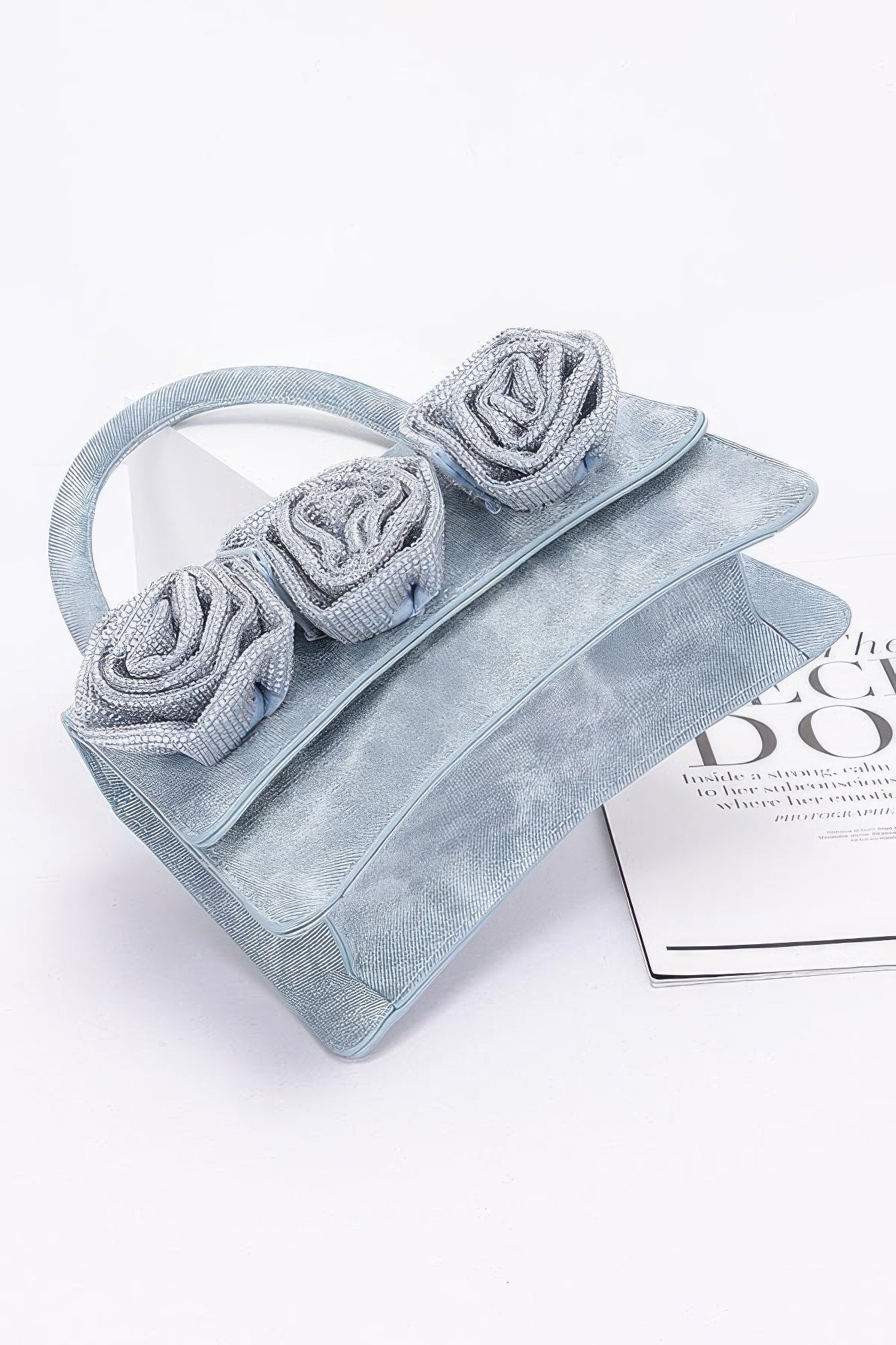Faux Leather Rhinestone Hot Fix Flower Bag - Pikemla