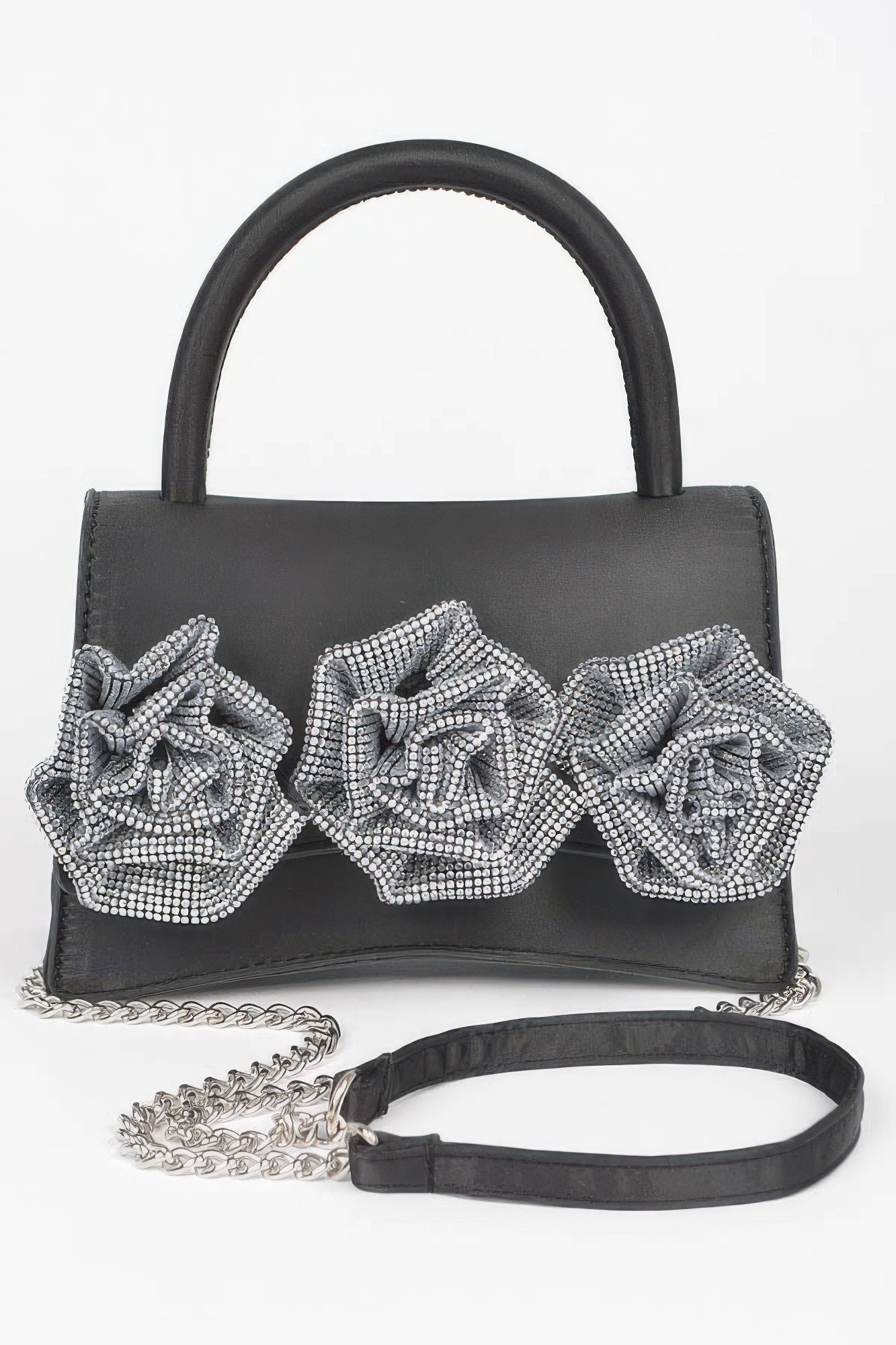 Faux Leather Rhinestone Hot Fix Flower Bag - Pikemla