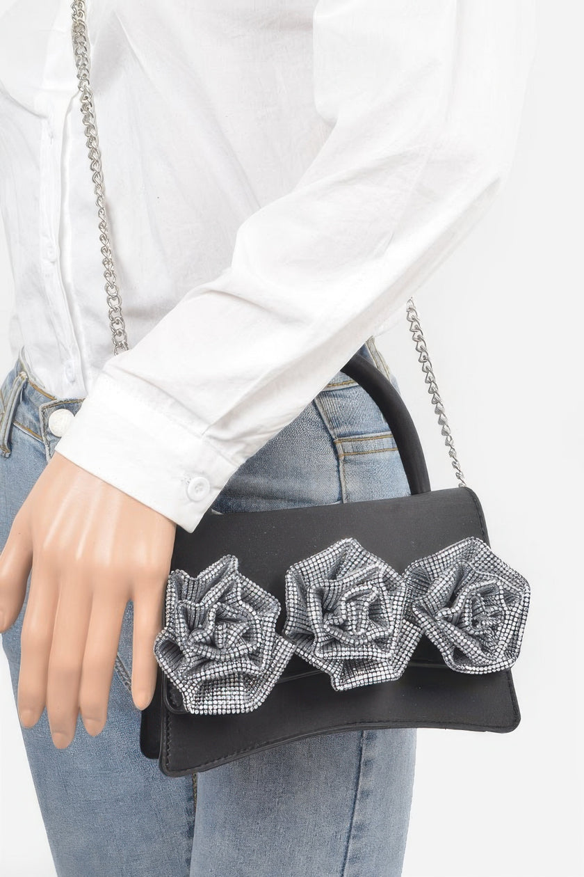 Faux Leather Rhinestone Hot Fix Flower Bag - Pikemla
