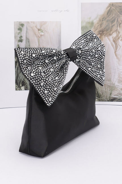 Rhinestone Hotfix Bow Handle Nylon Clutch - Pikemla