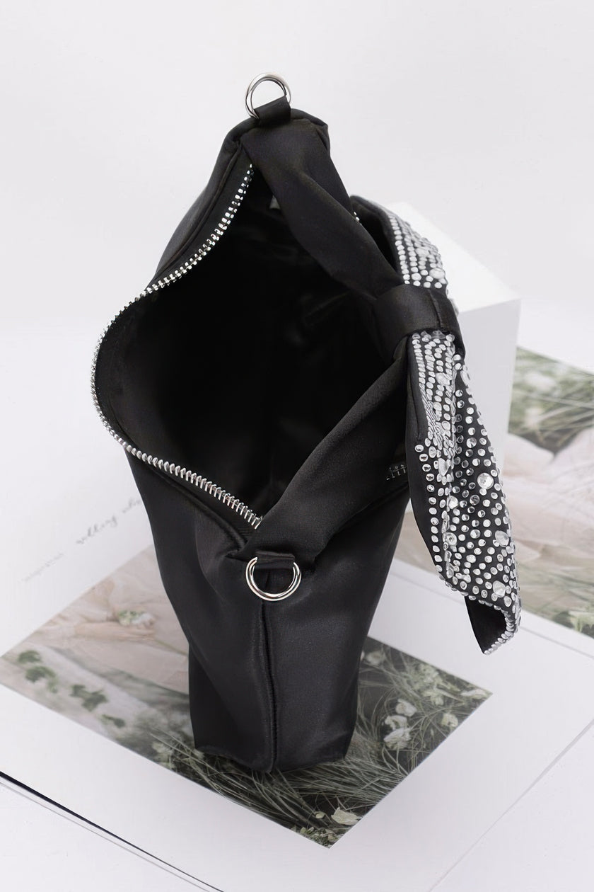 Rhinestone Hotfix Bow Handle Nylon Clutch - Pikemla