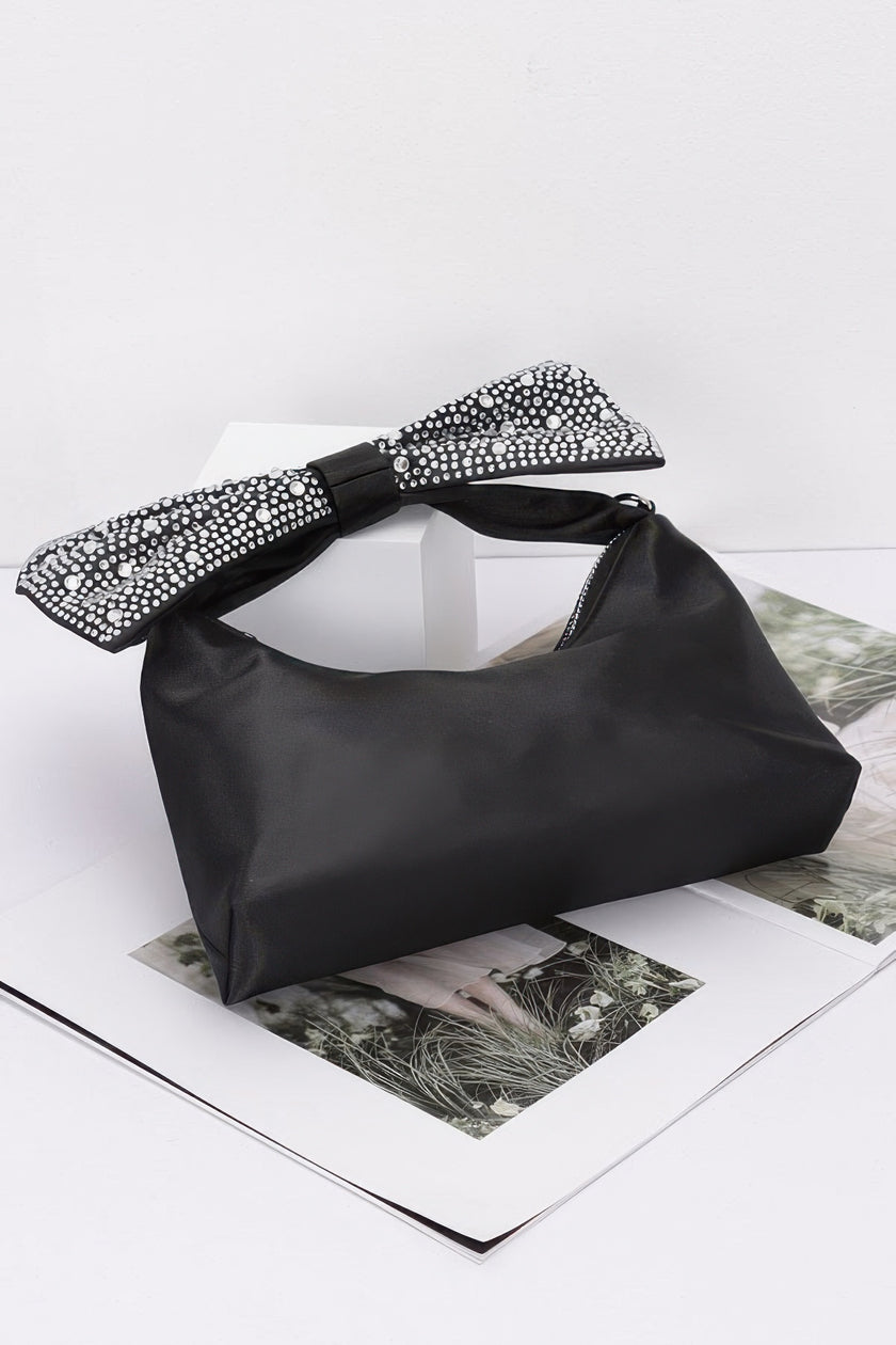Rhinestone Hotfix Bow Handle Nylon Clutch - Pikemla