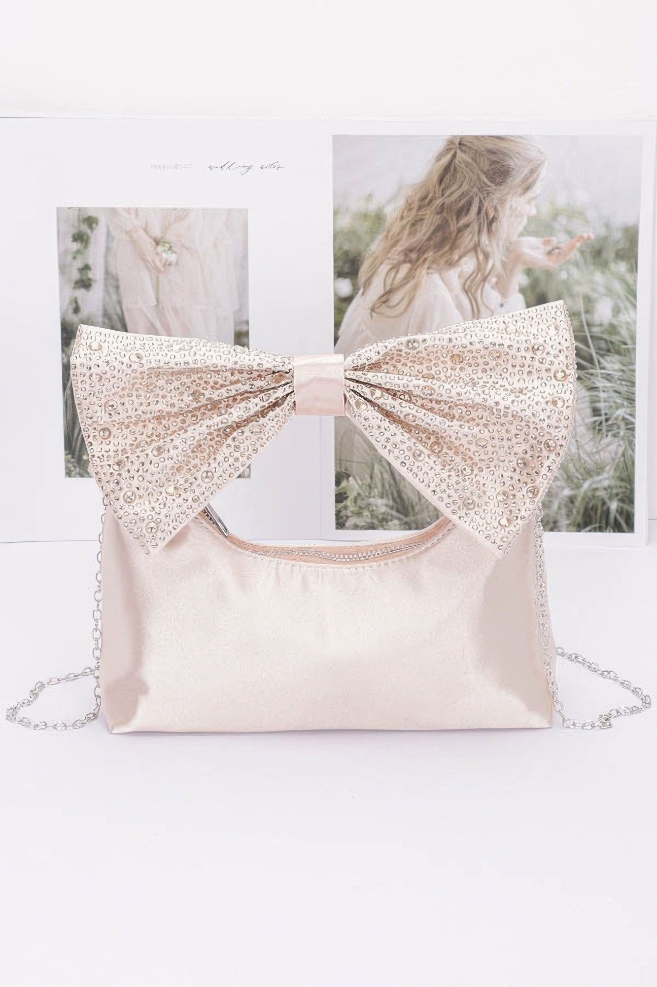 Rhinestone Hotfix Bow Handle Nylon Clutch - Pikemla