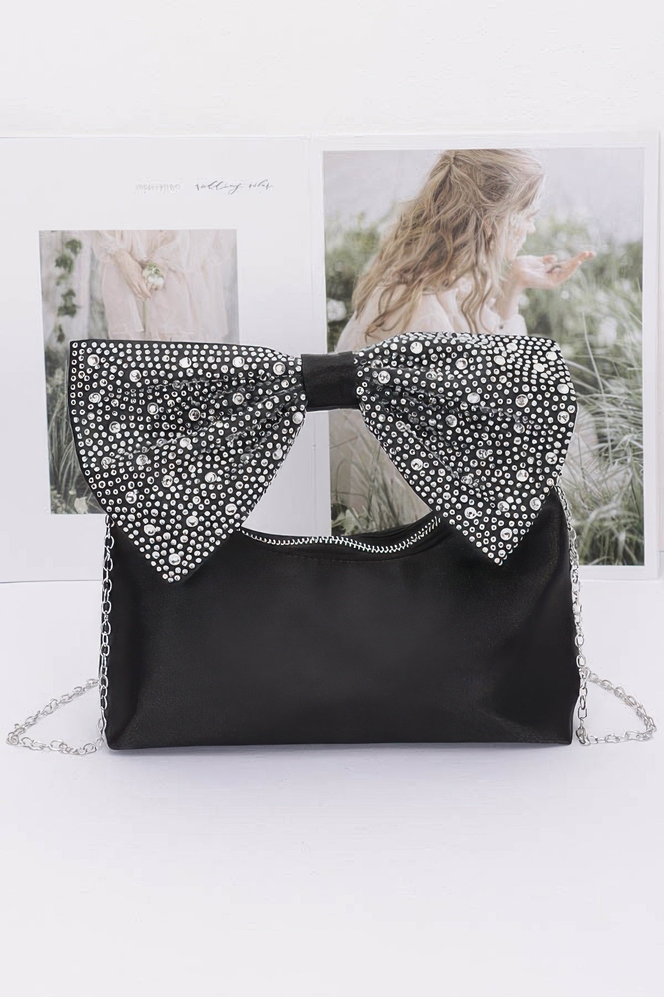 Rhinestone Hotfix Bow Handle Nylon Clutch - Pikemla