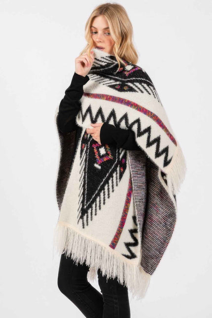 Fuzzy Aztec Pattern Tassel Knit Ruana - Pikemla
