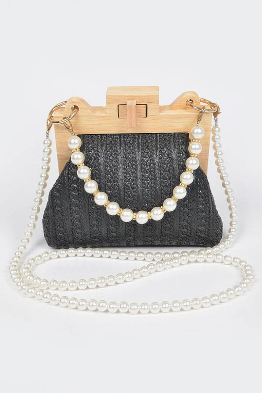Faux Straw Wood Frame Clutch W/ Faux Pearl Chain - Pikemla
