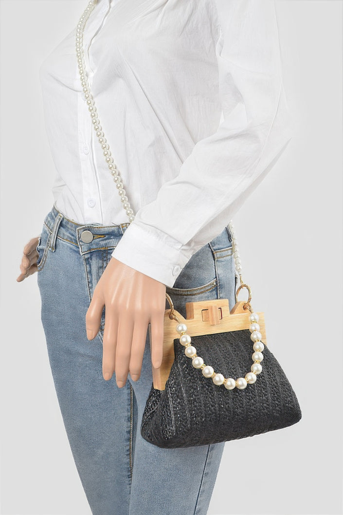 Faux Straw Wood Frame Clutch W/ Faux Pearl Chain - Pikemla