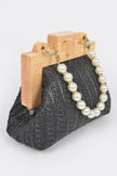 Faux Straw Wood Frame Clutch W/ Faux Pearl Chain - Pikemla