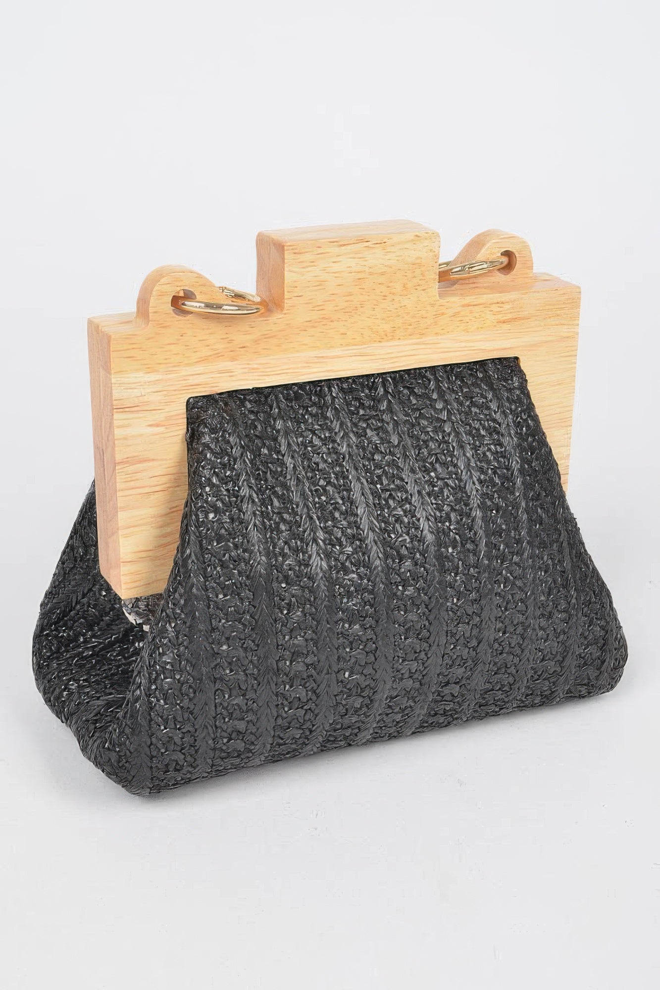 Faux Straw Wood Frame Clutch W/ Faux Pearl Chain - Pikemla