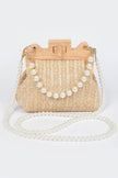Faux Straw Wood Frame Clutch W/ Faux Pearl Chain - Pikemla