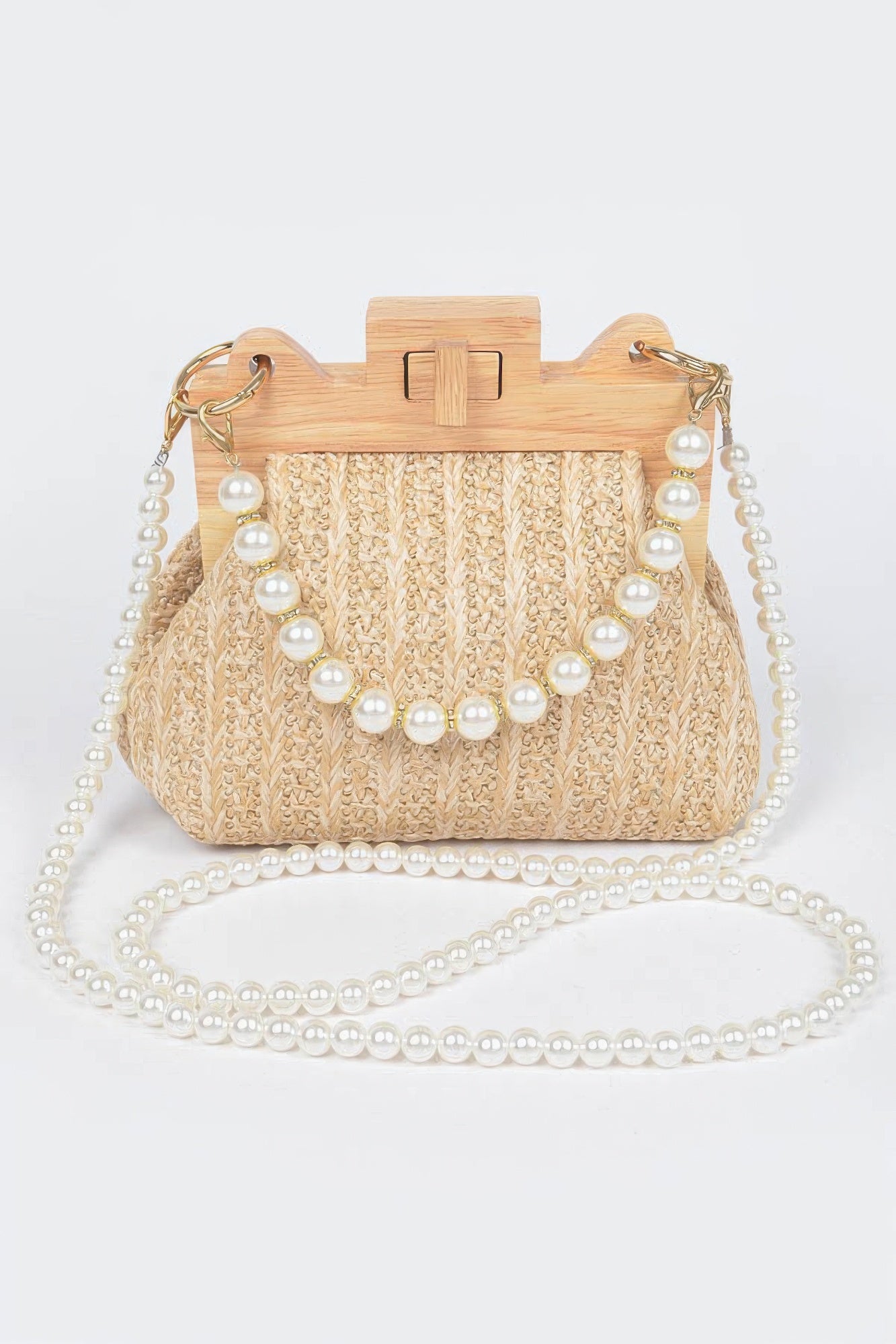 Faux Straw Wood Frame Clutch W/ Faux Pearl Chain - Pikemla