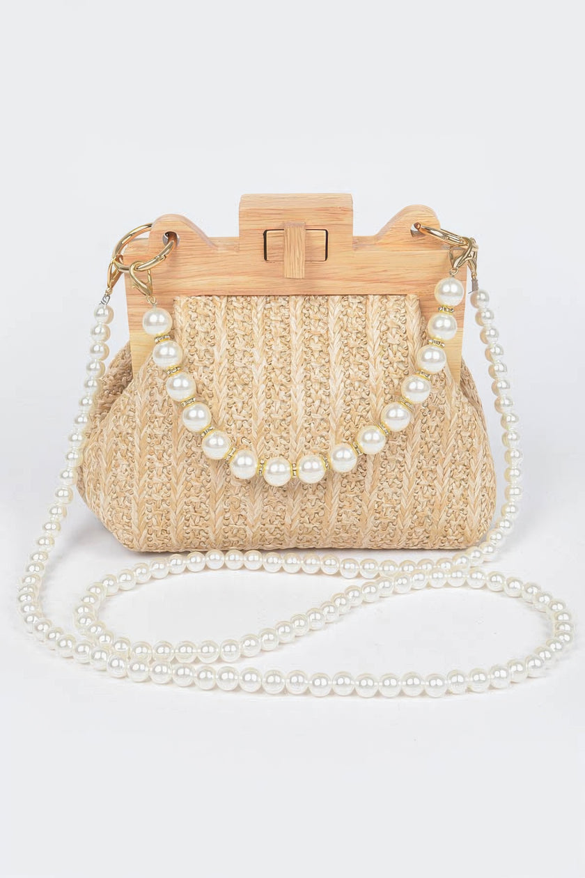 Faux Straw Wood Frame Clutch W/ Faux Pearl Chain - Pikemla
