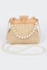 Faux Straw Wood Frame Clutch W/ Faux Pearl Chain - Pikemla