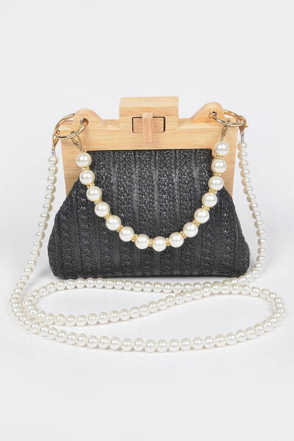 Faux Straw Wood Frame Clutch W/ Faux Pearl Chain - Pikemla
