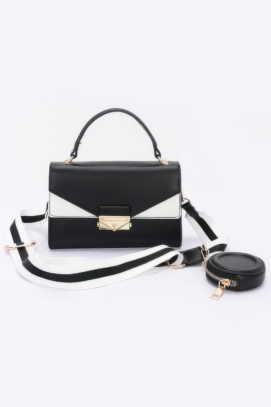 Faux Leather Two Tone Flap Bag - Pikemla