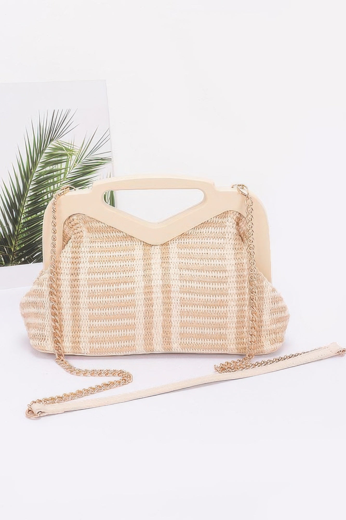 Faux Straw Wood Frame Clutch - Pikemla