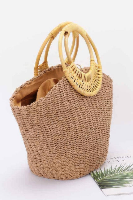 Faux Straw Bamboo Handle Tote Bag - Pikemla