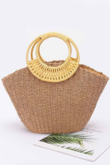 Faux Straw Bamboo Handle Tote Bag - Pikemla