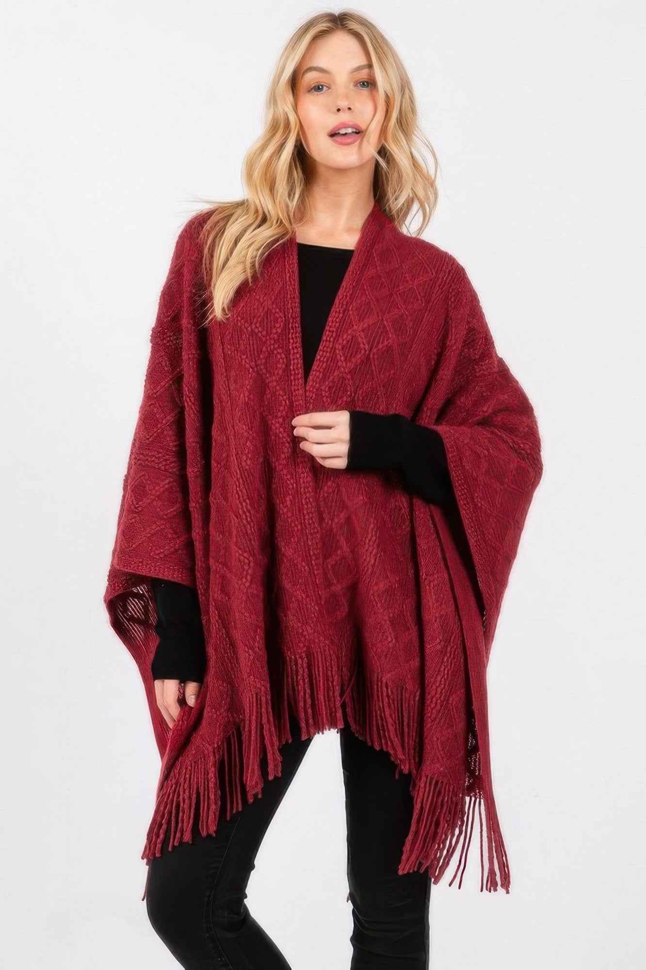 Diamond Pattern Tassel Knit Ruana - Pikemla