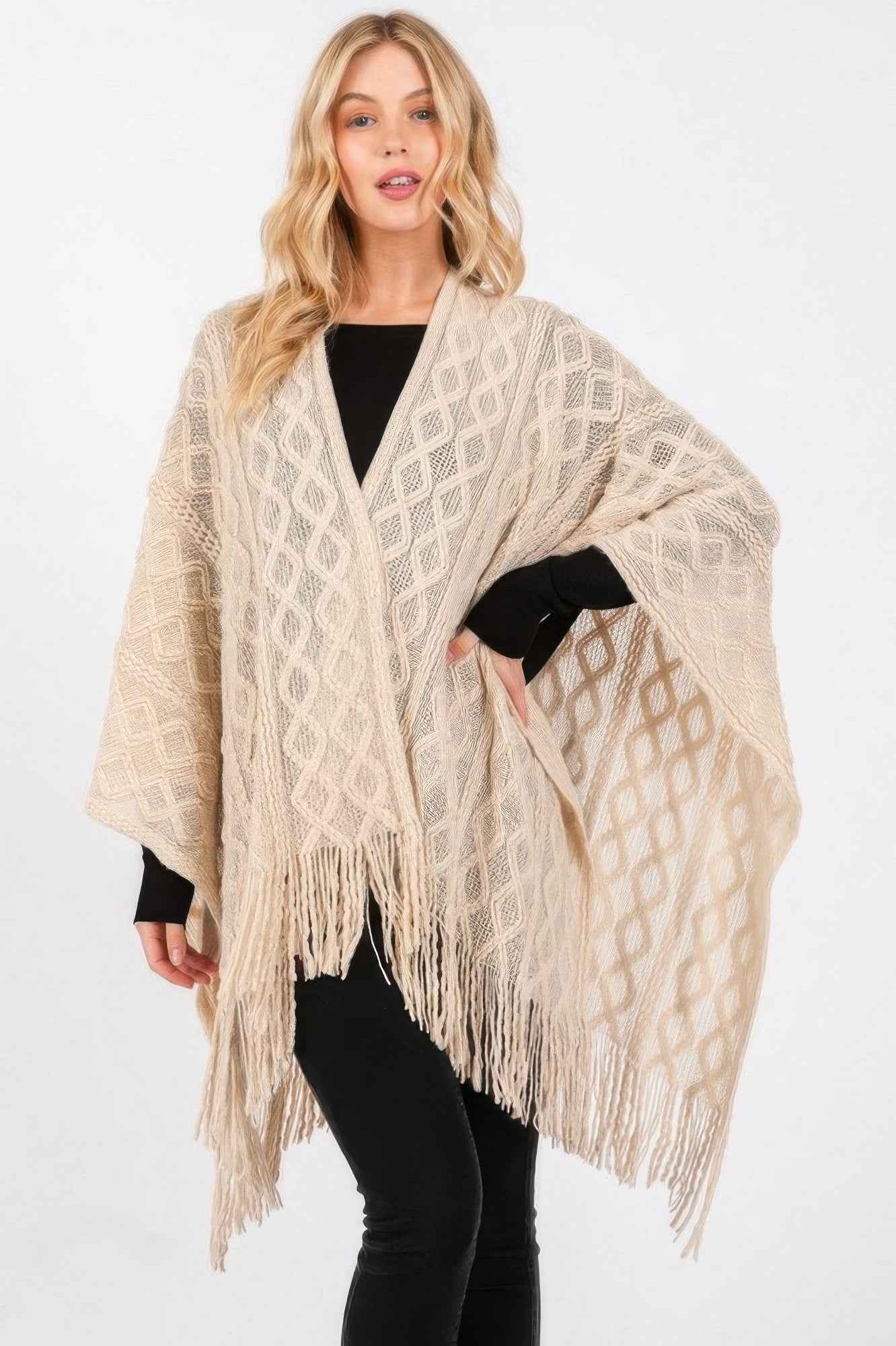 Diamond Pattern Tassel Knit Ruana - Pikemla