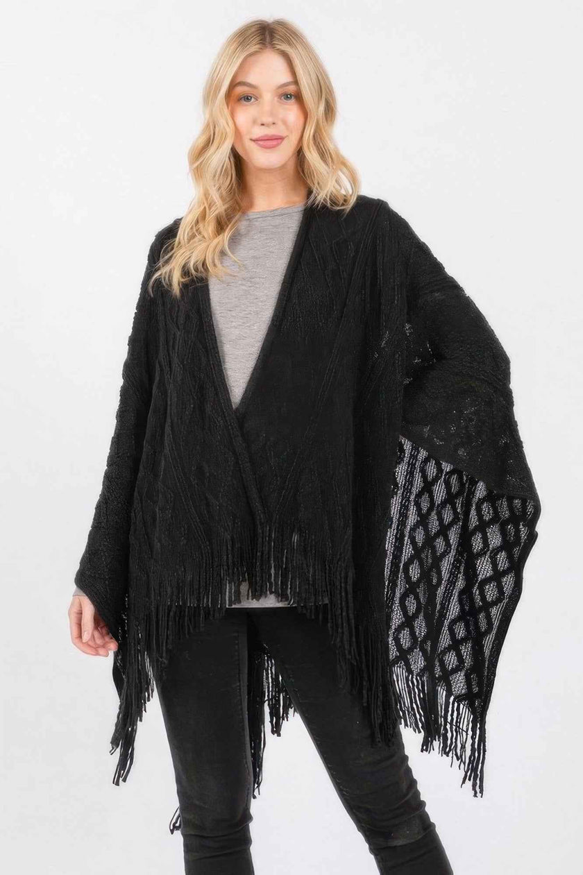 Diamond Pattern Tassel Knit Ruana - Pikemla