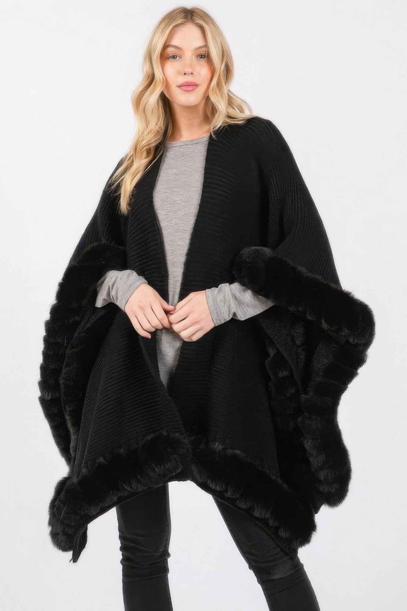Faux Fur Trim Cape With Closure - Pikemla