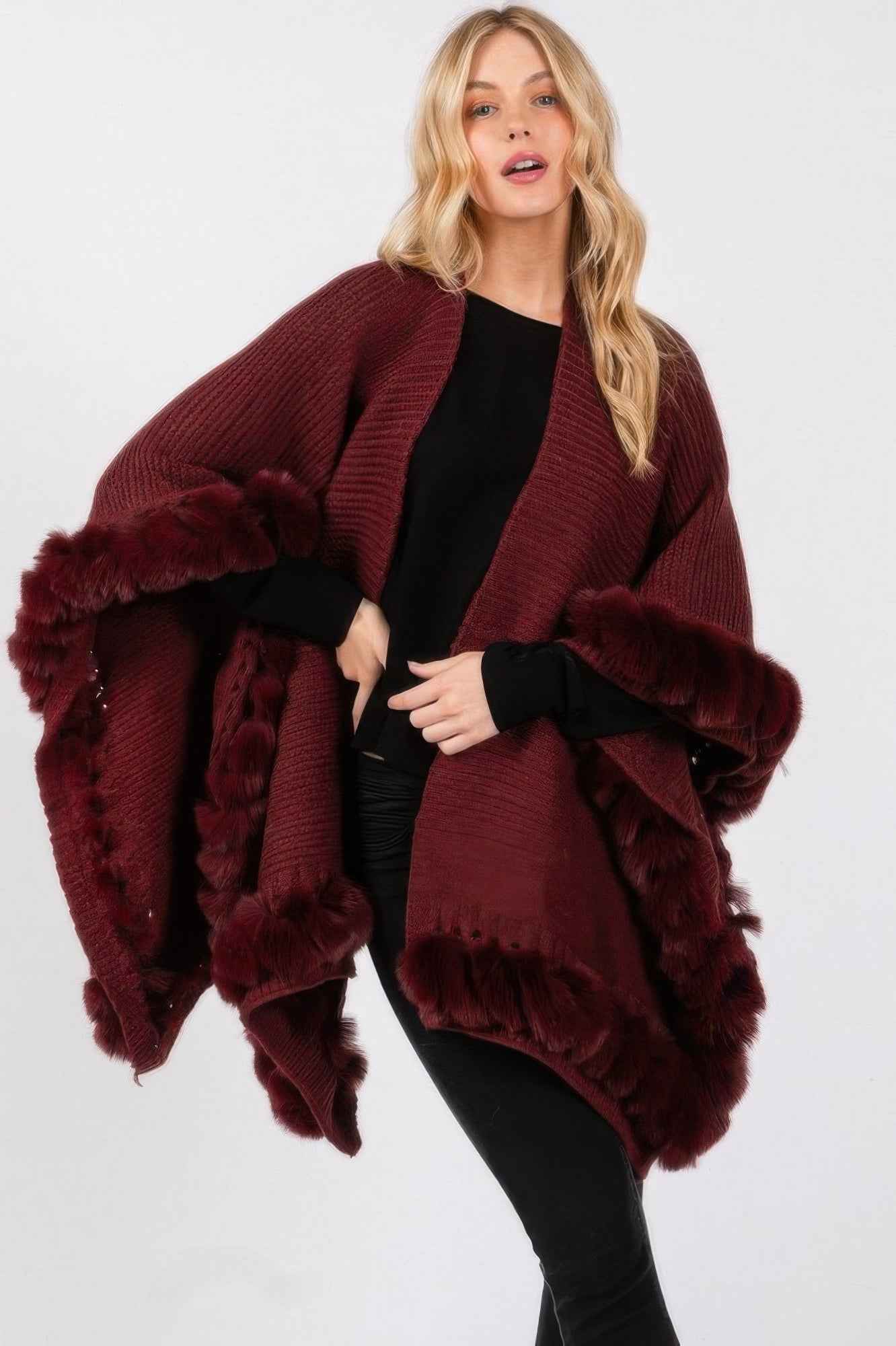 Faux Fur Trim Cape With Closure - Pikemla