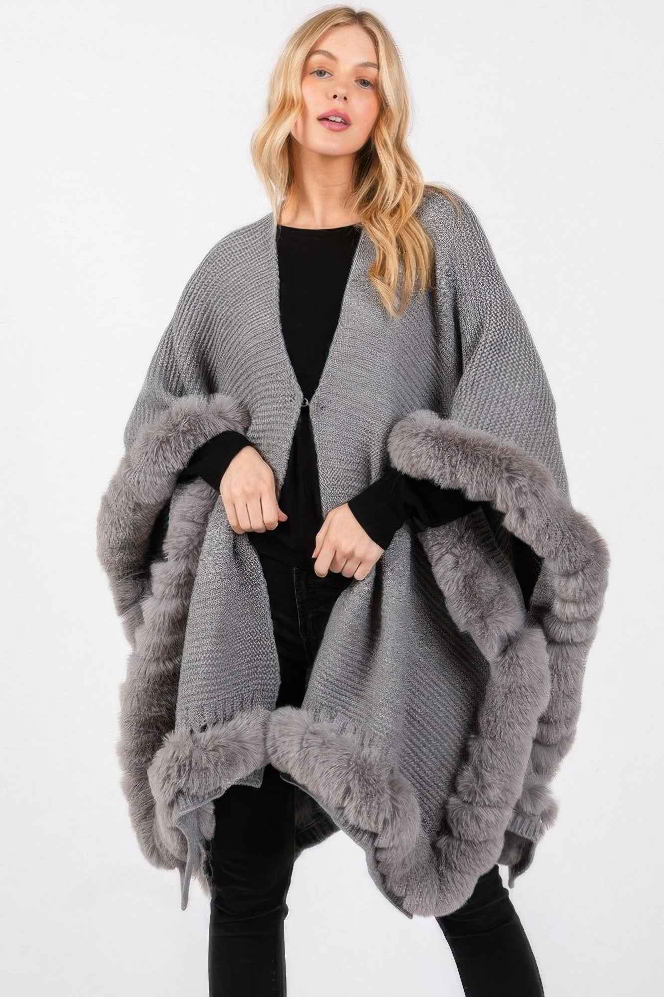 Faux Fur Trim Cape With Closure - Pikemla