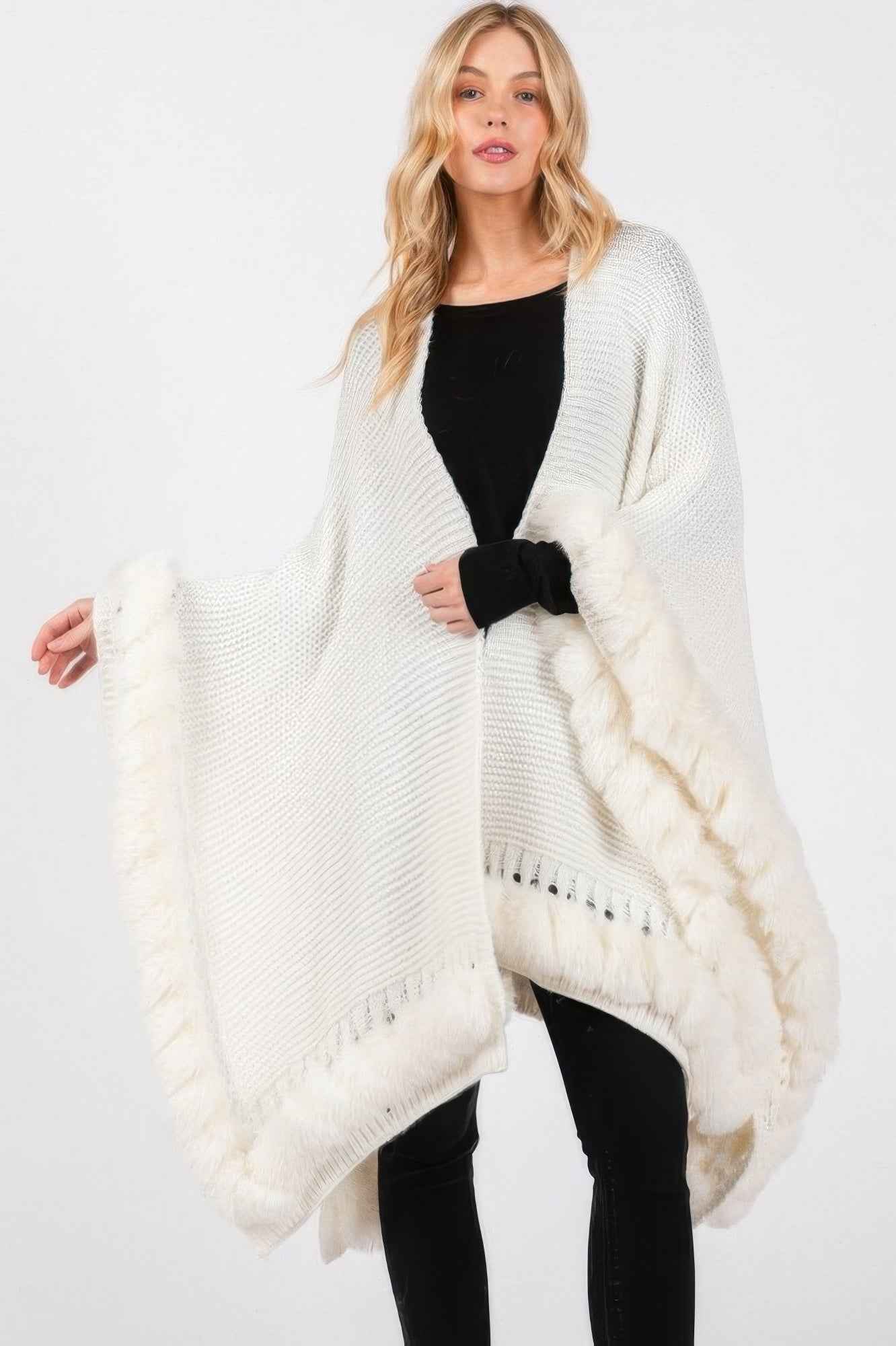 Faux Fur Trim Cape With Closure - Pikemla