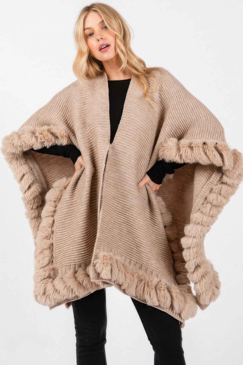 Faux Fur Trim Cape With Closure - Pikemla